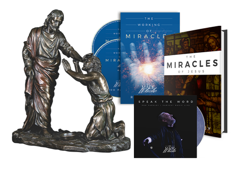 Working of Miracles - 2 Disc Set, Working of Miracles Book, Speak the Word on CD and Jesus Healing the Blind Man Statue