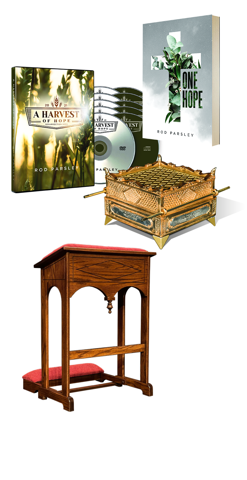 One Hope Book, Brazen Alter Mini-Replica with Inscription, A Harvest of Hope 10 Disc Message Series, and Replica Prayer Bench