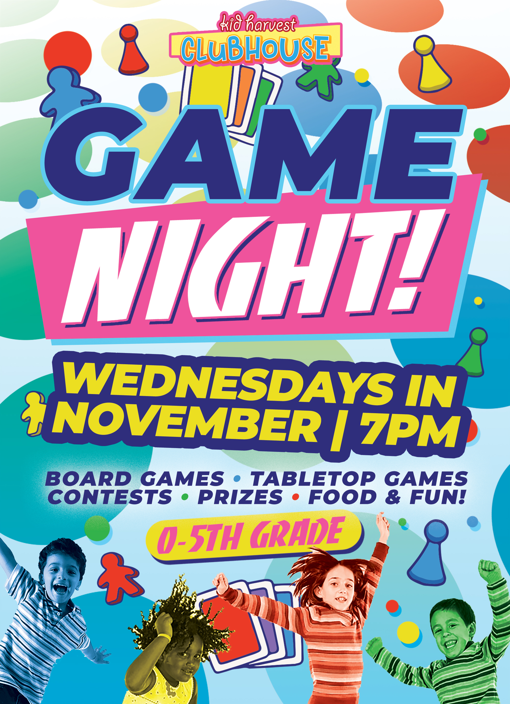 Kid Harvest Game Night! Wednesdays in November at 7PM Board Games Tabletop Games Contests Prizes Food and Fun! 0-5th Grade.